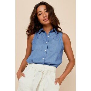 Lulus Effortless Selection Blue Chambray Sleeveless Button-up Top - Size M